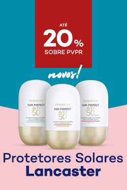 Novos Protetores Solares da marca Lancastercom destaque promocional de at&eacute; 20% sobre pre&ccedil;o de Venda ao P&uacute;blico Recomendado